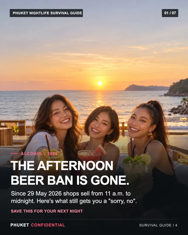 Slide 1: The afternoon beer ban is gone. Since 29 May 2026 shops sell from 11 a.m. to midnight. Here's what still gets you a "sorry, no".