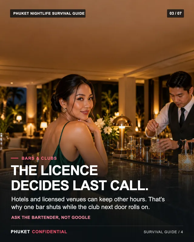 Slide 3: The licence decides last call. Hotels and licensed venues can keep other hours. That's why one bar shuts while the club next door rolls on.