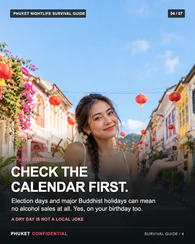 Slide 4: Check the calendar first. Election days and major Buddhist holidays can mean no alcohol sales at all. Yes, on your birthday too.