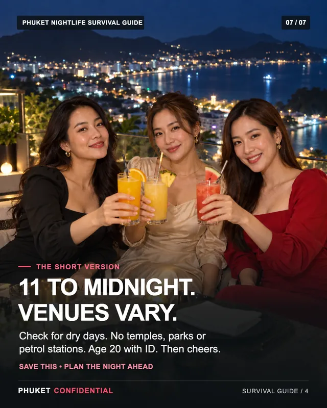 Slide 7: 11 to midnight. Venues vary. Check for dry days. No temples, parks or petrol stations. Age 20 with ID. Then cheers.