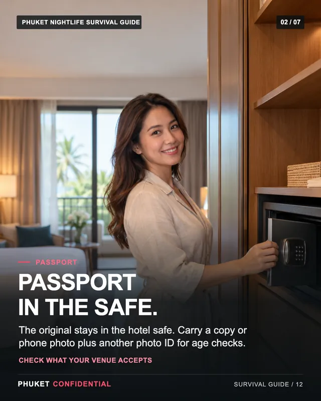 Slide 2: Passport in the safe. The original stays in the hotel safe. Carry a copy or phone photo plus another photo ID for age checks.