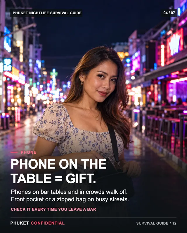 Slide 4: Phone on the table = gift. Phones on bar tables and in crowds walk off. Front pocket or a zipped bag on busy streets.