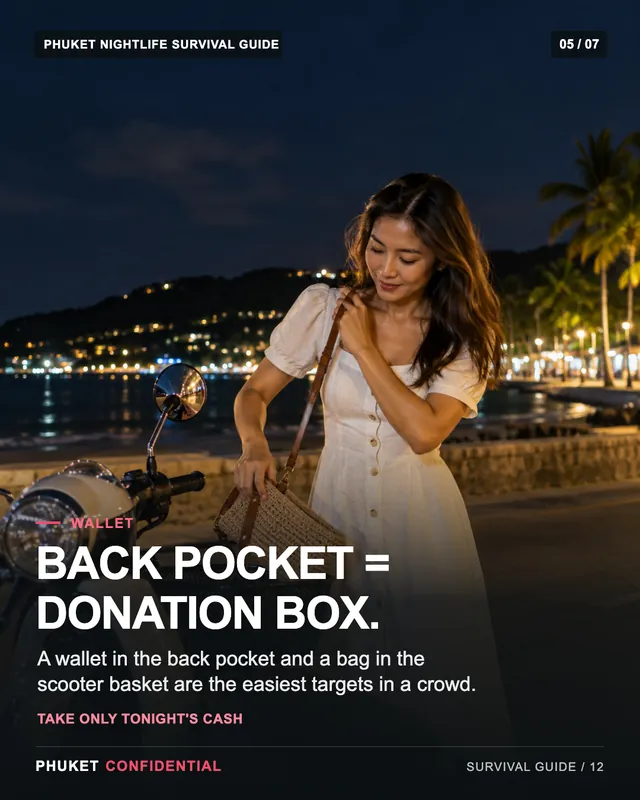Slide 5: Back pocket = donation box. A wallet in the back pocket and a bag in the scooter basket are the easiest targets in a crowd.