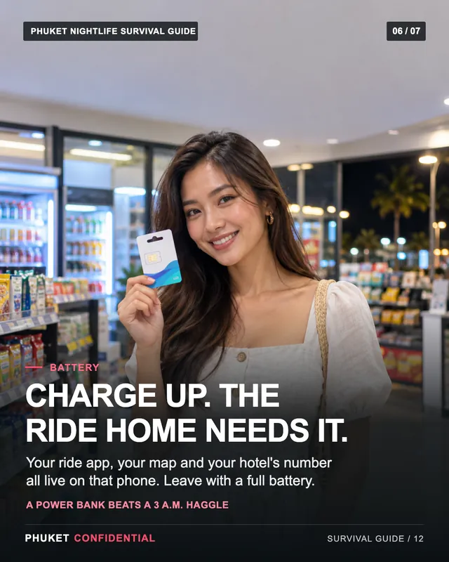 Slide 6: Charge up. The ride home needs it. Your ride app, your map and your hotel's number all live on that phone. Leave with a full battery.