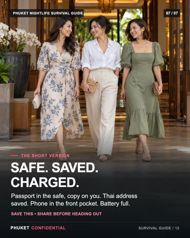 Slide 7: Safe. Saved. Charged. Passport in the safe, copy on you. Thai address saved. Phone in the front pocket. Battery full.