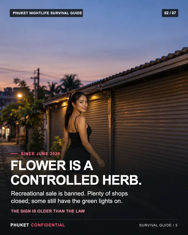 Slide 2: Flower is a controlled herb. Recreational sale is banned. Plenty of shops closed; some still have the green lights on.