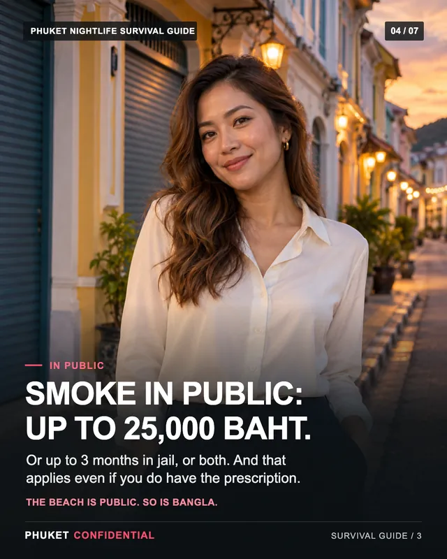 Slide 4: Smoke in public: up to 25,000 baht. Or up to 3 months in jail, or both. And that applies even if you do have the prescription.