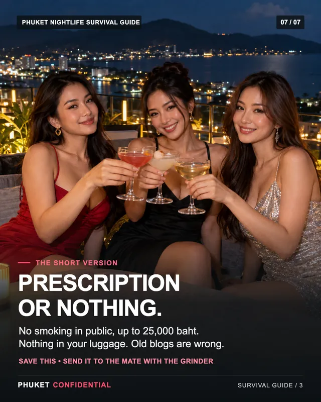 Slide 7: Prescription or nothing. No smoking in public, up to 25,000 baht. Nothing in your luggage. Old blogs are wrong.