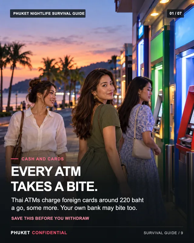 Slide 1: Every ATM takes a bite. Thai ATMs charge foreign cards around 220 baht a go, some more. Your own bank may bite too.