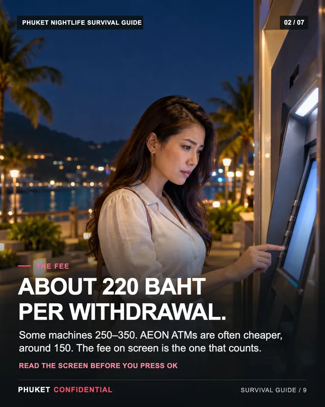 Slide 2: About 220 baht per withdrawal. Some machines 250–350. AEON ATMs are often cheaper, around 150. The fee on screen is the one that counts.