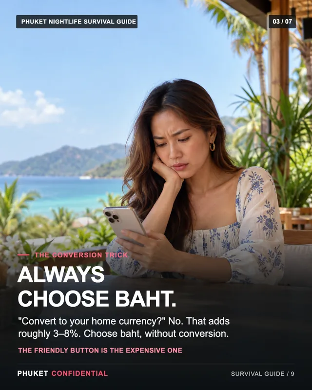 Slide 3: Always choose baht. "Convert to your home currency?" No. That adds roughly 3–8%. Choose baht, without conversion.