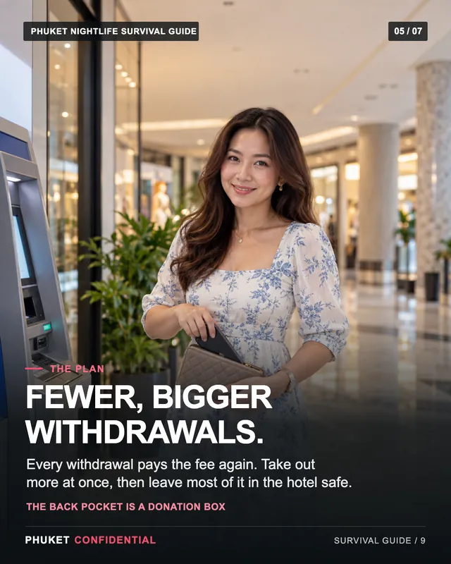 Slide 5: Fewer, bigger withdrawals. Every withdrawal pays the fee again. Take out more at once, then leave most of it in the hotel safe.
