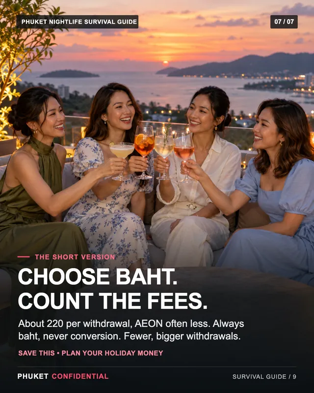 Slide 7: Choose baht. Count the fees. About 220 per withdrawal, AEON often less. Always baht, never conversion. Fewer, bigger withdrawals.