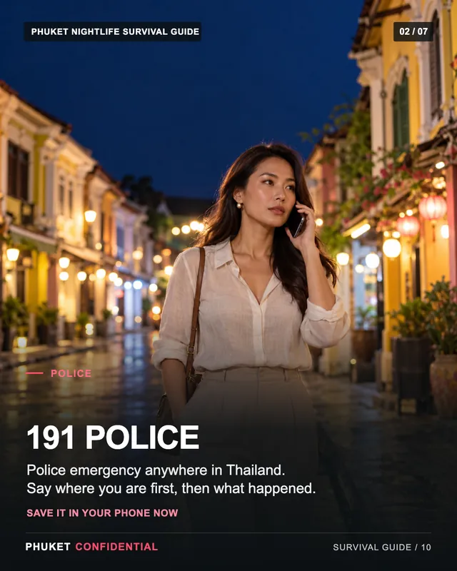 Slide 2: 191 · Police Police emergency anywhere in Thailand. Say where you are first, then what happened.