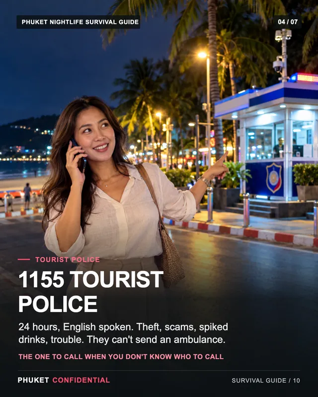 Slide 4: 1155 · Tourist Police 24 hours, English spoken. Theft, scams, spiked drinks, trouble. They can't send an ambulance.
