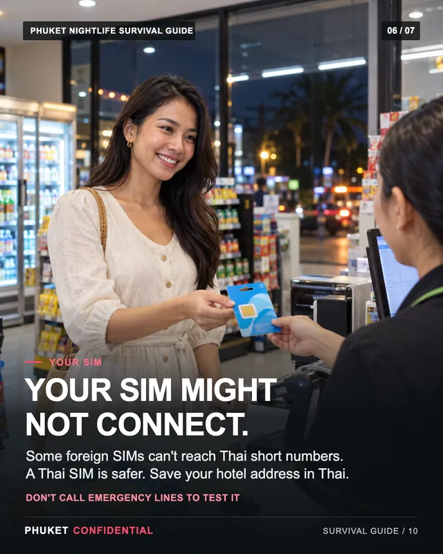 Slide 6: Your SIM might not connect. Some foreign SIMs can't reach Thai short numbers. A Thai SIM is safer. Save your hotel address in Thai.