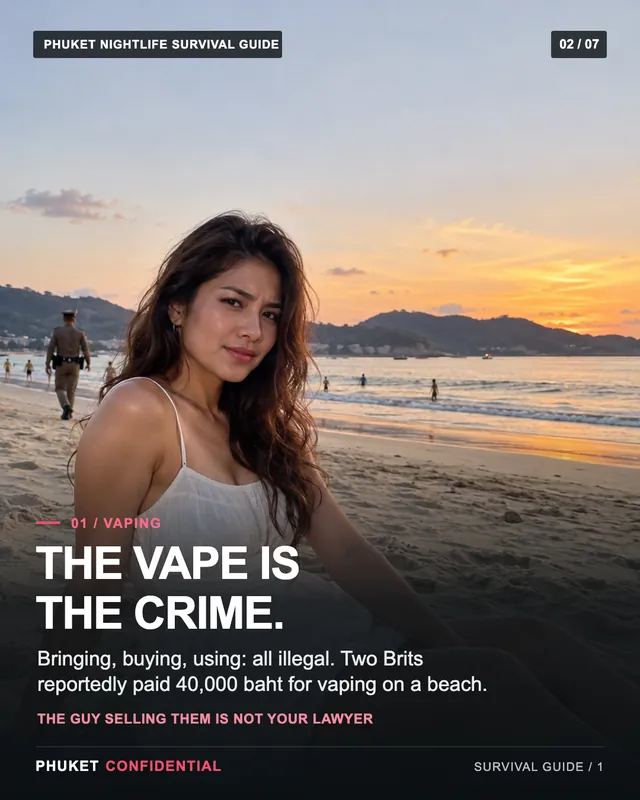 Slide 2: The vape is the crime. Bringing, buying, using: all illegal. Two Brits reportedly paid 40,000 baht for vaping on a beach.