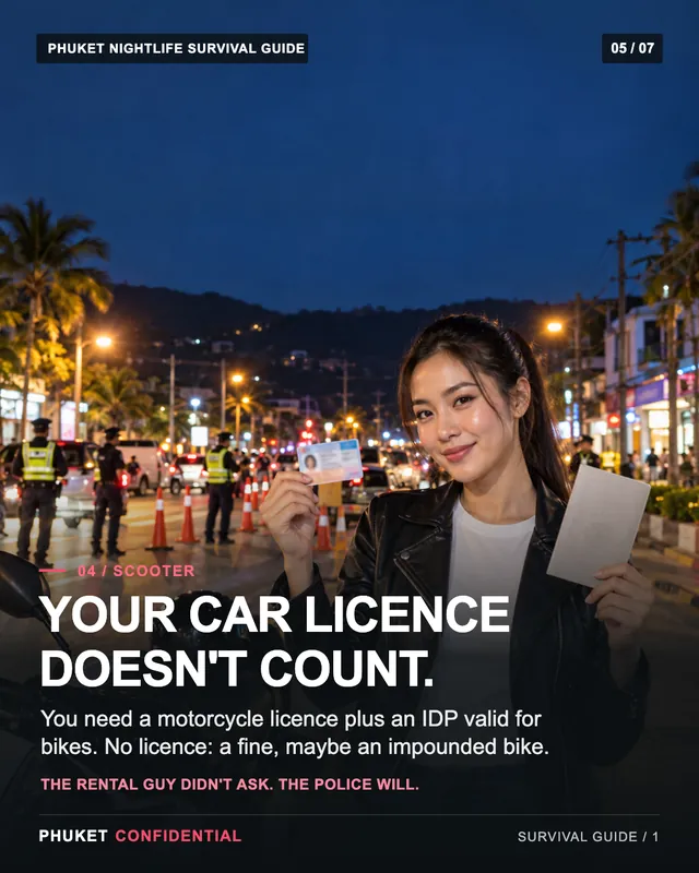 Slide 5: Your car licence doesn't count. You need a motorcycle licence plus an IDP valid for bikes. No licence: a fine, maybe an impounded bike.