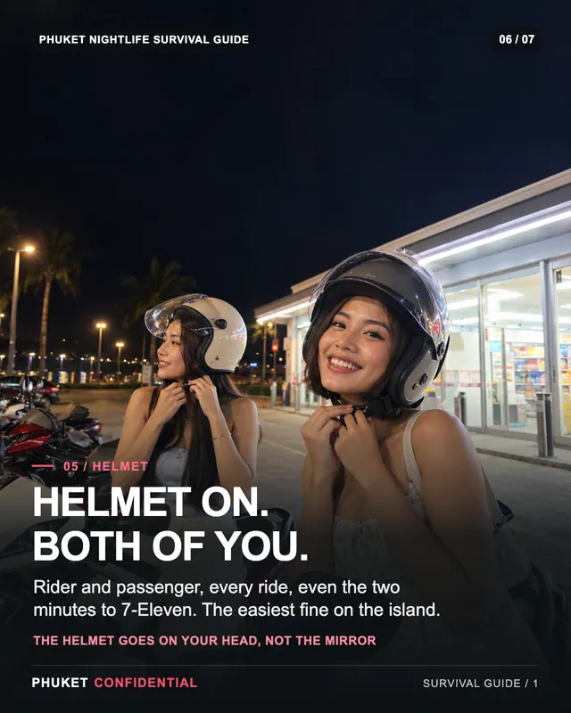 Slide 6: Helmet on. Both of you. Rider and passenger, every ride, even the two minutes to 7-Eleven. The easiest fine on the island.