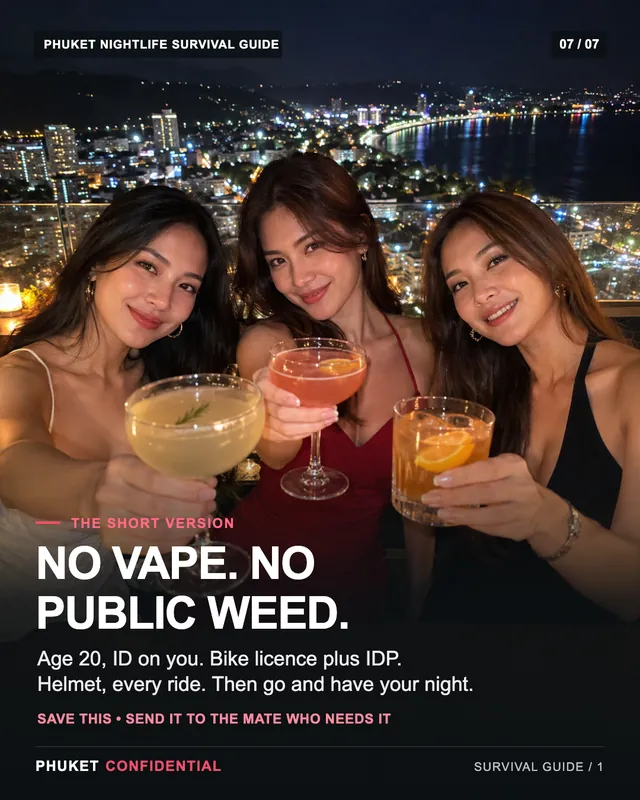 Slide 7: No vape. No public weed. Age 20, ID on you. Bike licence plus IDP. Helmet, every ride. Then go and have your night.