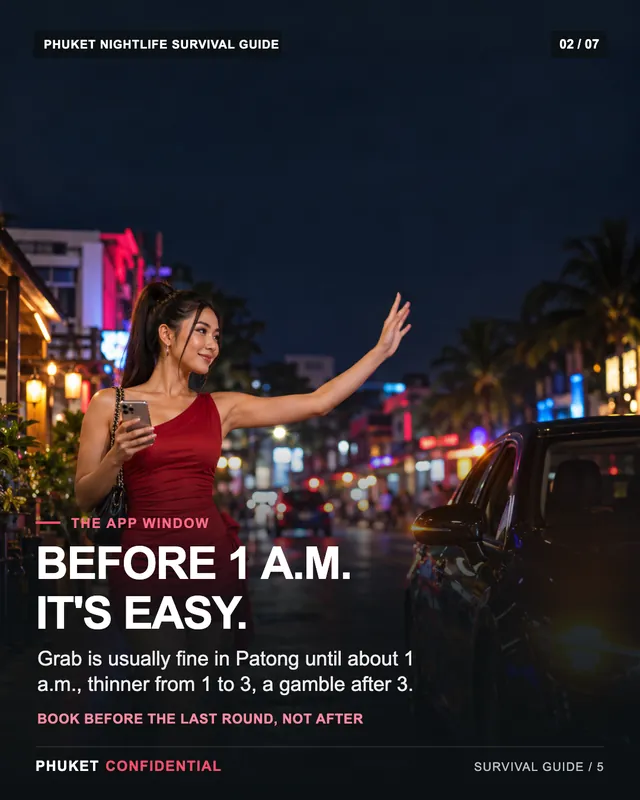 Slide 2: Before 1 a.m. it's easy. Grab is usually fine in Patong until about 1 a.m., thinner from 1 to 3, a gamble after 3.