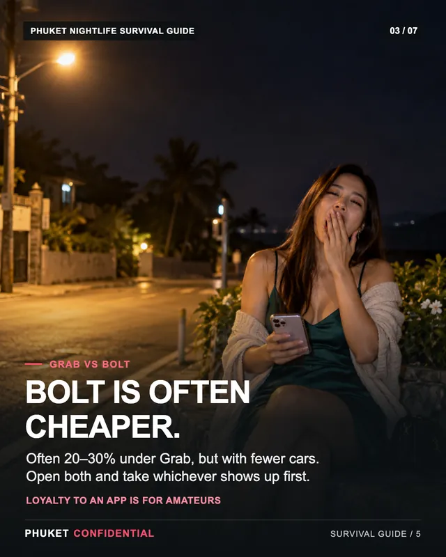 Slide 3: Bolt is often cheaper. Often 20–30% under Grab, but with fewer cars. Open both and take whichever shows up first.