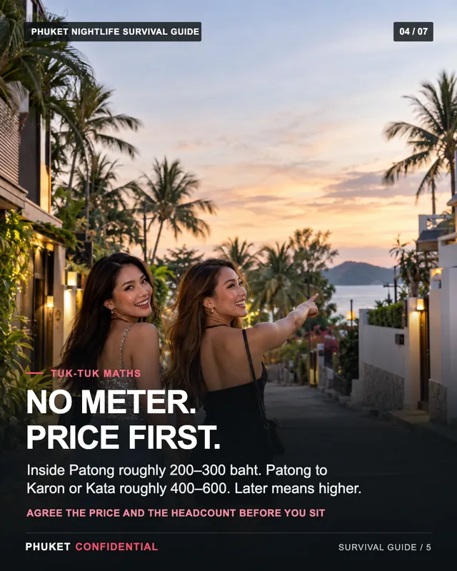 Slide 4: No meter. Price first. Inside Patong roughly 200–300 baht. Patong to Karon or Kata roughly 400–600. Later means higher.