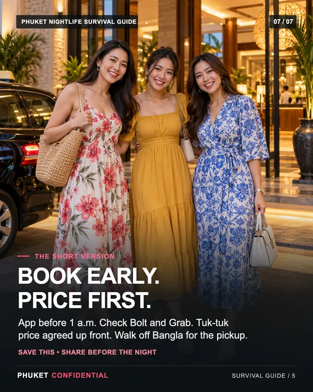 Slide 7: Book early. Price first. App before 1 a.m. Check Bolt and Grab. Tuk-tuk price agreed up front. Walk off Bangla for the pickup.