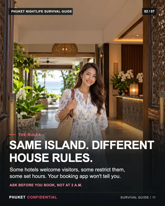 Slide 2: Same island. Different house rules. Some hotels welcome visitors, some restrict them, some set hours. Your booking app won't tell you.
