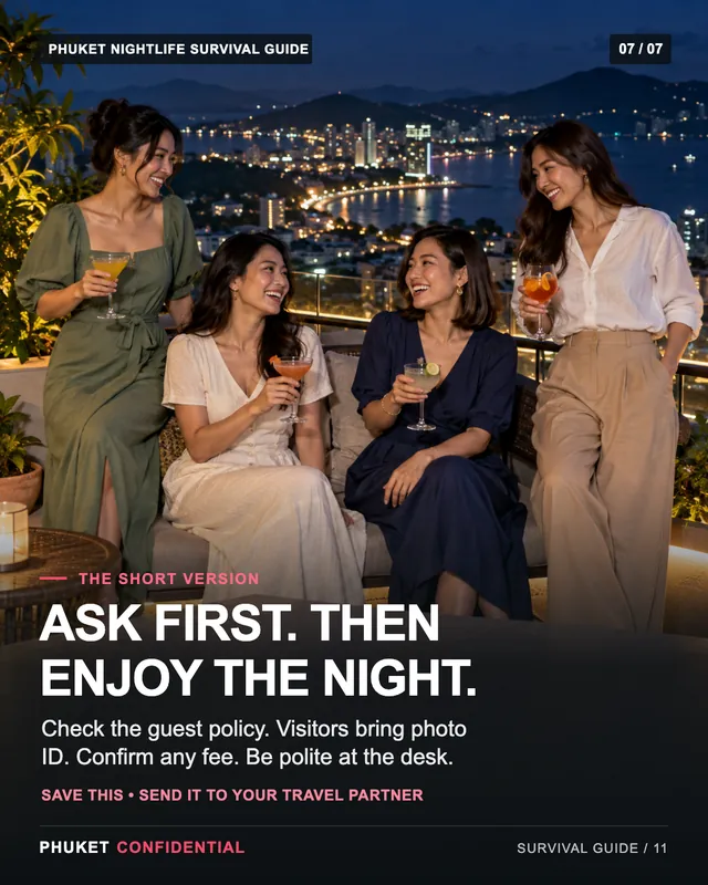 Slide 7: Ask first. Then enjoy the night. Check the guest policy. Visitors bring photo ID. Confirm any fee. Be polite at the desk.