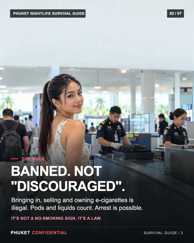 Slide 2: Banned. Not "discouraged". Bringing in, selling and owning e-cigarettes is illegal. Pods and liquids count. Arrest is possible.