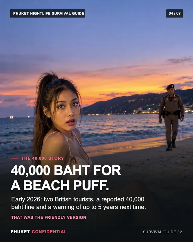 Slide 4: 40,000 baht for a beach puff. Early 2026: two British tourists, a reported 40,000 baht fine and a warning of up to 5 years next time.