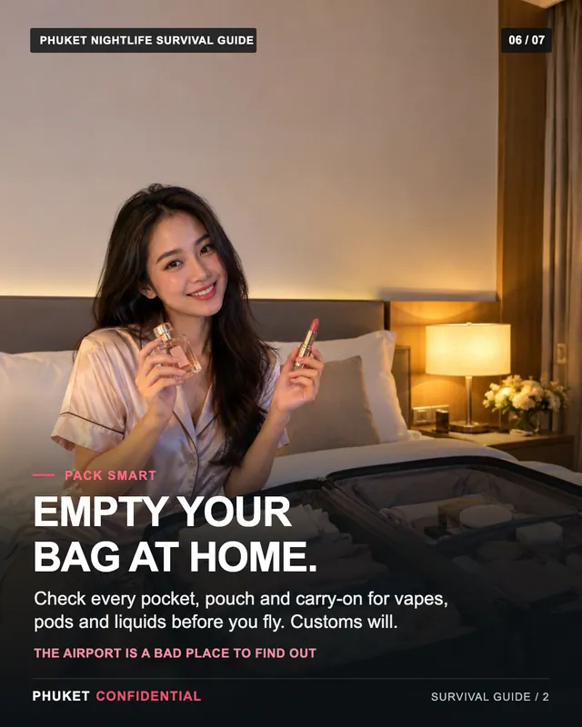 Slide 6: Empty your bag at home. Check every pocket, pouch and carry-on for vapes, pods and liquids before you fly. Customs will.