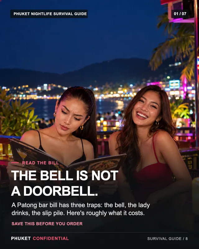 Slide 1: The bell is not a doorbell. A Patong bar bill has three traps: the bell, the lady drinks, the slip pile. Here's roughly what it costs.