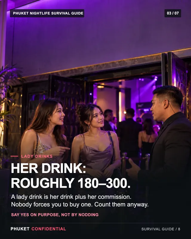 Slide 3: Her drink: roughly 180–300. A lady drink is her drink plus her commission. Nobody forces you to buy one. Count them anyway.