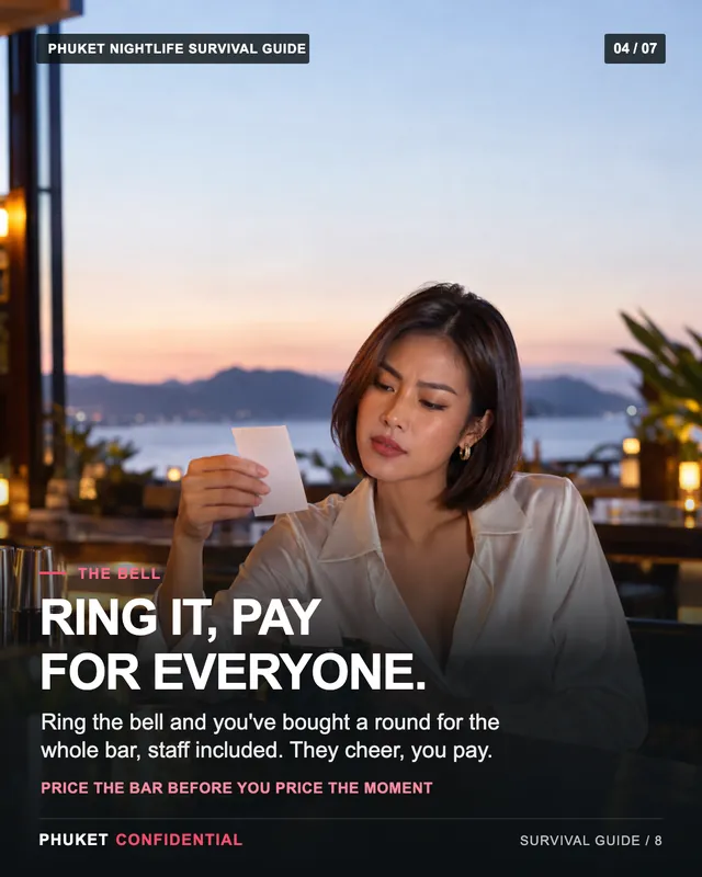 Slide 4: Ring it, pay for everyone. Ring the bell and you've bought a round for the whole bar, staff included. They cheer, you pay.
