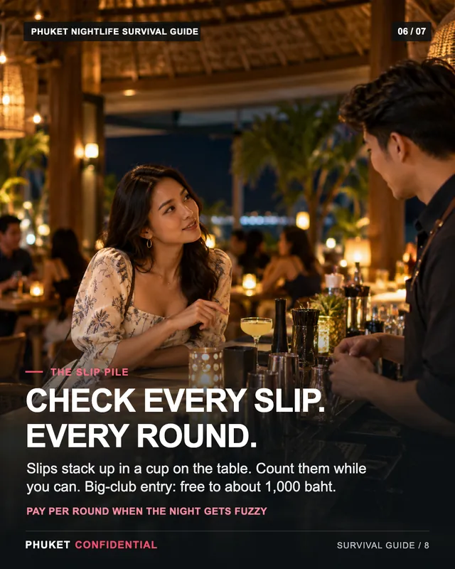 Slide 6: Check every slip. Every round. Slips stack up in a cup on the table. Count them while you can. Big-club entry: free to about 1,000 baht.