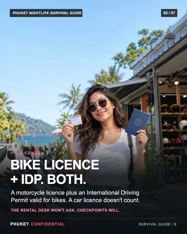 Slide 2: Bike licence + IDP. Both. A motorcycle licence plus an International Driving Permit valid for bikes. A car licence doesn't count.