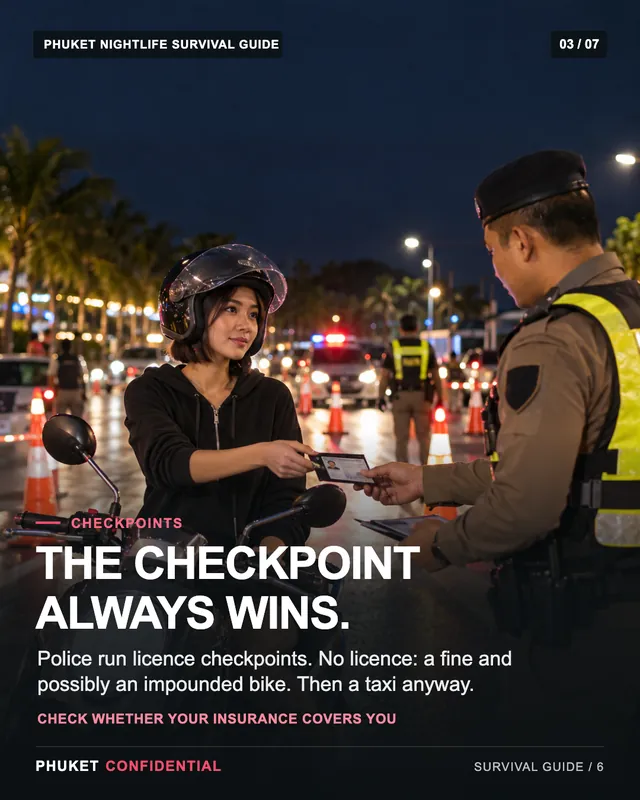 Slide 3: The checkpoint always wins. Police run licence checkpoints. No licence: a fine and possibly an impounded bike. Then a taxi anyway.