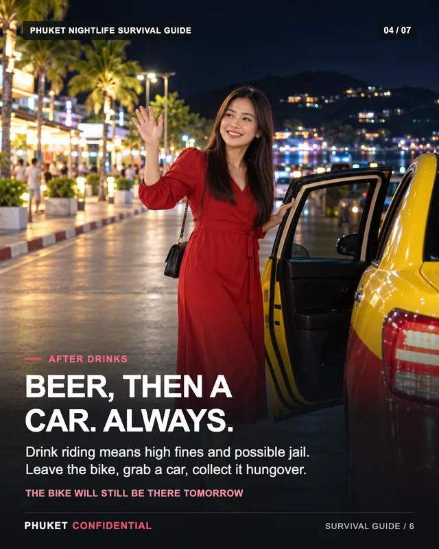 Slide 4: Beer, then a car. Always. Drink riding means high fines and possible jail. Leave the bike, grab a car, collect it hungover.