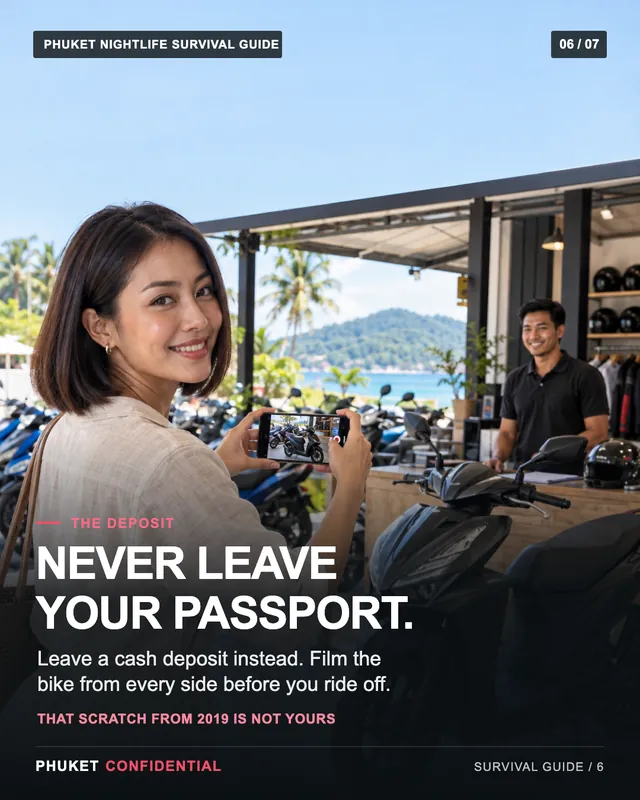 Slide 6: Never leave your passport. Leave a cash deposit instead. Film the bike from every side before you ride off.