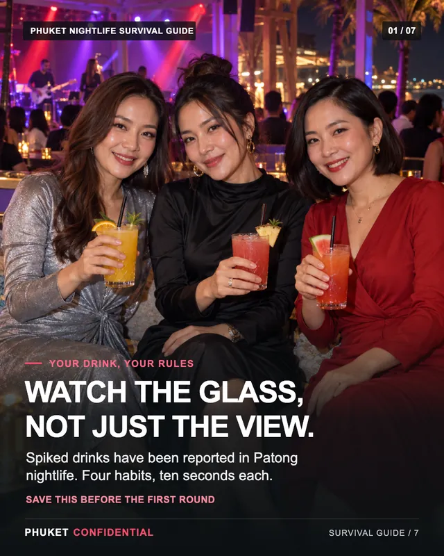 Slide 1: Watch the glass, not just the view. Spiked drinks have been reported in Patong nightlife. Four habits, ten seconds each.