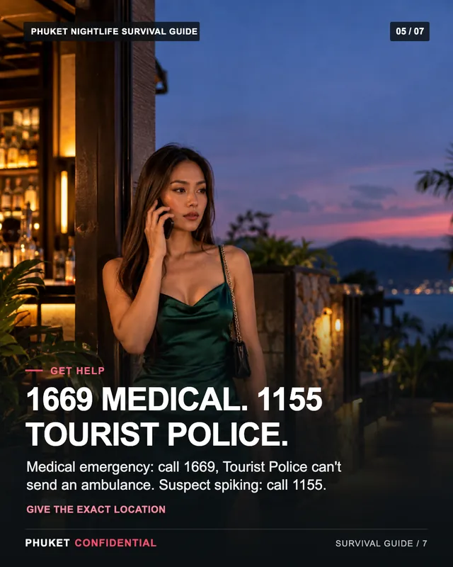 Slide 5: 1669 medical. 1155 Tourist Police. Medical emergency: call 1669, Tourist Police can't send an ambulance. Suspect spiking: call 1155.