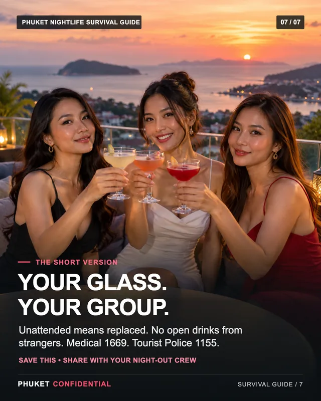 Slide 7: Your glass. Your group. Unattended means replaced. No open drinks from strangers. Medical 1669. Tourist Police 1155.